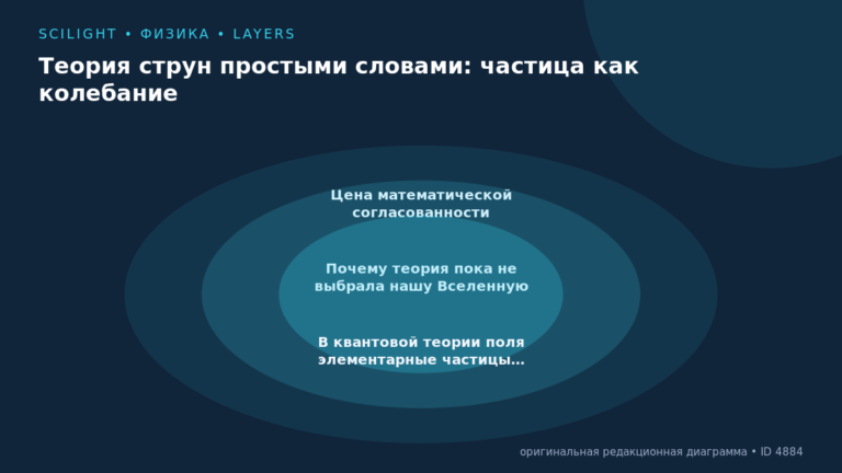 Схема к статье «Теория струн простыми словами: частица как колебание»: Цена математической согласованности, Почему теория пока не выбрала нашу Вселенную, В квантовой теории поля элементарные частицы…