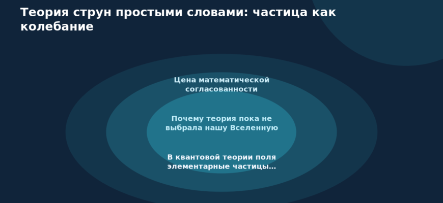 Схема к статье «Теория струн простыми словами: частица как колебание»: Цена математической согласованности, Почему теория пока не выбрала нашу Вселенную, В квантовой теории поля элементарные частицы…