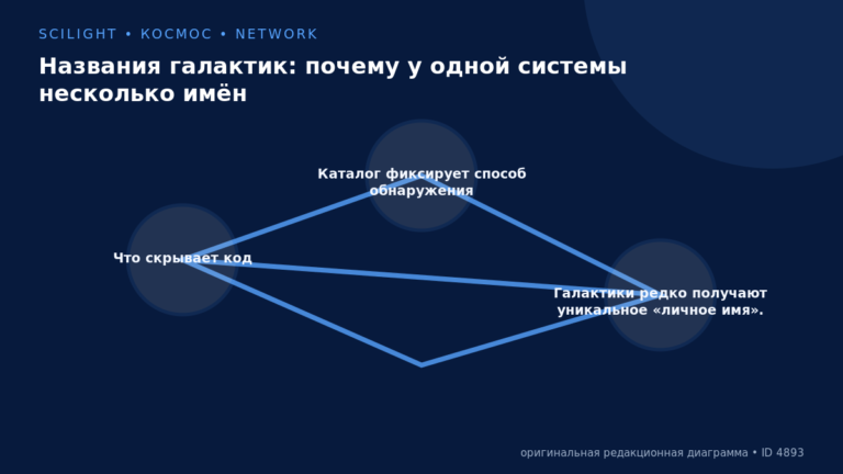 Схема к статье «Названия галактик: почему у одной системы несколько имён»: Что скрывает код, Каталог фиксирует способ обнаружения, Галактики редко получают уникальное «личное имя».