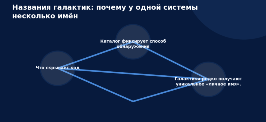 Схема к статье «Названия галактик: почему у одной системы несколько имён»: Что скрывает код, Каталог фиксирует способ обнаружения, Галактики редко получают уникальное «личное имя».