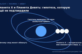 Схема гипотетической орбиты Планеты Девять и распределения далёких малых тел