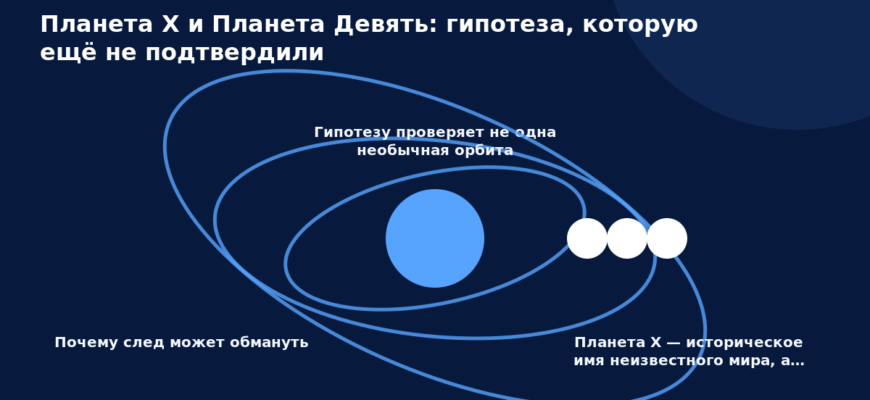 Схема гипотетической орбиты Планеты Девять и распределения далёких малых тел