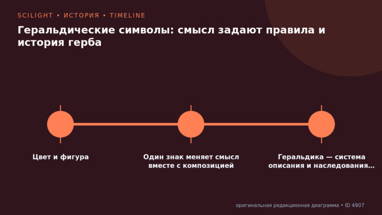 Схема к статье «Геральдические символы: смысл задают правила и история герба»: Цвет и фигура, Один знак меняет смысл вместе с композицией, Геральдика — система описания и наследования…