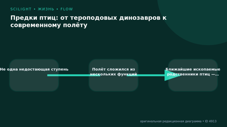 Схема к статье «Предки птиц: от тероподовых динозавров к современному полёту»: Не одна недостающая ступень, Полёт сложился из нескольких функций, Ближайшие ископаемые родственники птиц —…