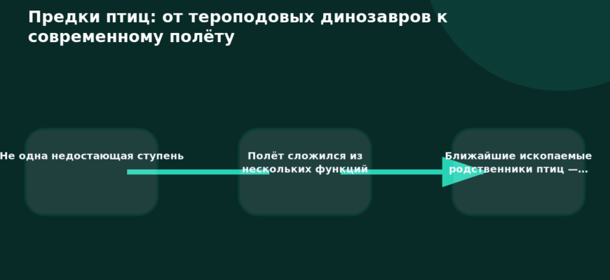 Схема к статье «Предки птиц: от тероподовых динозавров к современному полёту»: Не одна недостающая ступень, Полёт сложился из нескольких функций, Ближайшие ископаемые родственники птиц —…