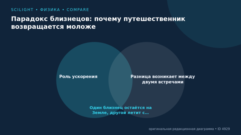 Схема к статье «Парадокс близнецов: почему путешественник возвращается моложе»: Роль ускорения, Разница возникает между двумя встречами, Один близнец остаётся на Земле, другой летит с…