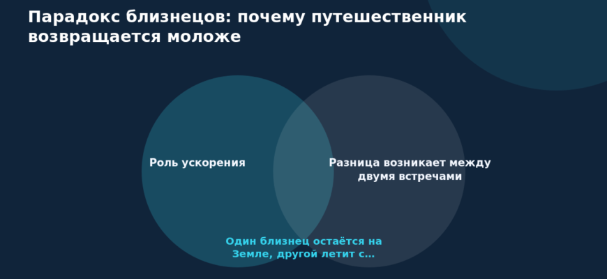 Схема к статье «Парадокс близнецов: почему путешественник возвращается моложе»: Роль ускорения, Разница возникает между двумя встречами, Один близнец остаётся на Земле, другой летит с…