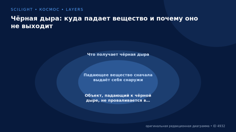 Схема к статье «Чёрная дыра: куда падает вещество и почему оно не выходит»: Что получает чёрная дыра, Падающее вещество сначала выдаёт себя снаружи, Объект, падающий к чёрной дыре, не проваливается в…