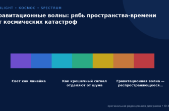 Схема к статье «Гравитационные волны: рябь пространства-времени от космических катастроф»: Свет как линейка, Как крошечный сигнал отделяют от шума, Гравитационная волна — распространяющееся…