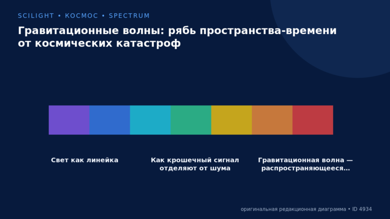 Схема к статье «Гравитационные волны: рябь пространства-времени от космических катастроф»: Свет как линейка, Как крошечный сигнал отделяют от шума, Гравитационная волна — распространяющееся…