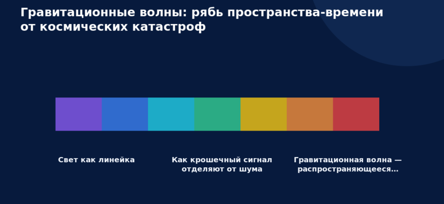 Схема к статье «Гравитационные волны: рябь пространства-времени от космических катастроф»: Свет как линейка, Как крошечный сигнал отделяют от шума, Гравитационная волна — распространяющееся…