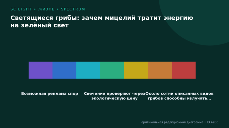 Схема к статье «Светящиеся грибы: зачем мицелий тратит энергию на зелёный свет»: Возможная реклама спор, Свечение проверяют через экологическую цену, Около сотни описанных видов грибов способны излучать…