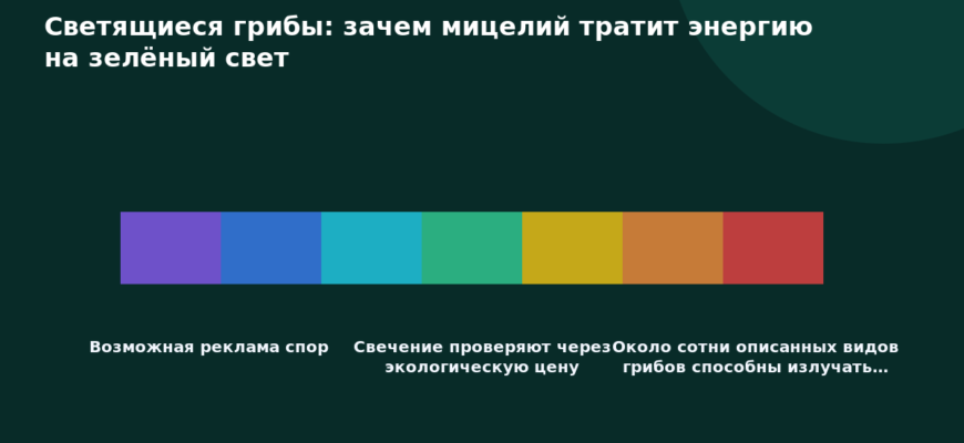 Схема к статье «Светящиеся грибы: зачем мицелий тратит энергию на зелёный свет»: Возможная реклама спор, Свечение проверяют через экологическую цену, Около сотни описанных видов грибов способны излучать…