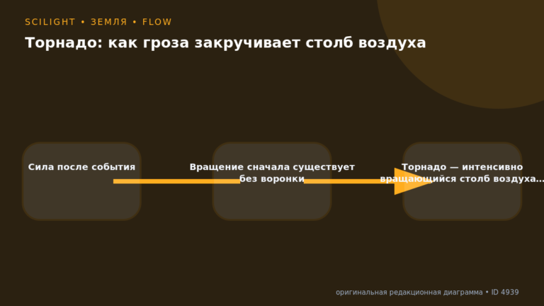 Схема к статье «Торнадо: как гроза закручивает столб воздуха»: Сила после события, Вращение сначала существует без воронки, Торнадо — интенсивно вращающийся столб воздуха…