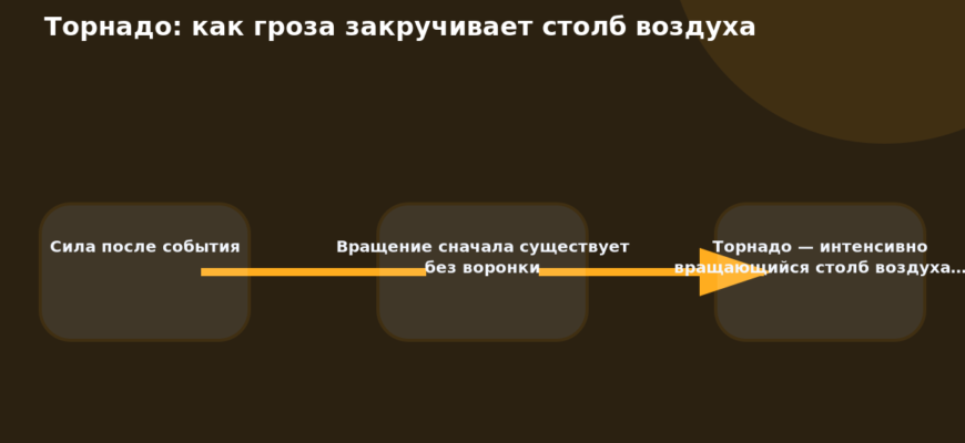 Схема к статье «Торнадо: как гроза закручивает столб воздуха»: Сила после события, Вращение сначала существует без воронки, Торнадо — интенсивно вращающийся столб воздуха…