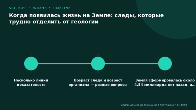 Схема к статье «Когда появилась жизнь на Земле: следы, которые трудно отделить от геологии»: Несколько линий доказательств, Возраст следа и возраст организма — разные вопросы, Земля сформировалась около 4,54 миллиарда лет назад, а…