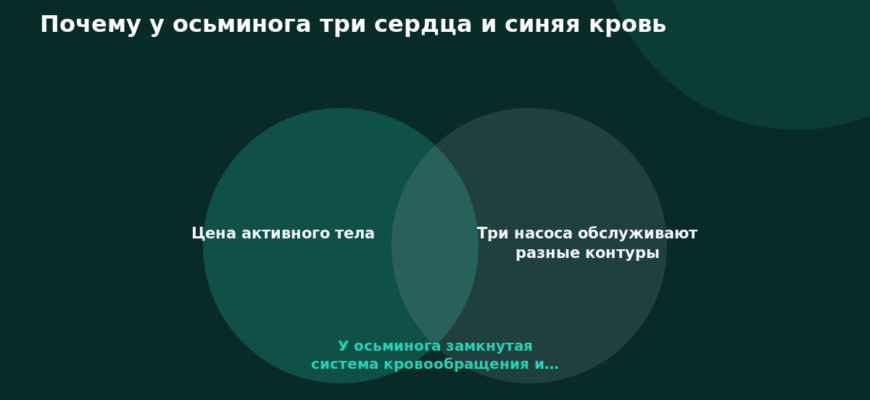Диаграмма Венна о трёх сердцах, замкнутом кровообращении и гемоцианине осьминога