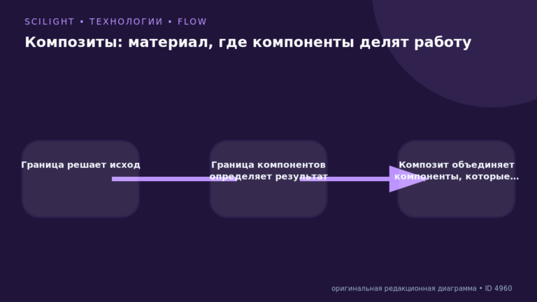 Схема к статье «Композиты: материал, где компоненты делят работу»: Граница решает исход, Граница компонентов определяет результат, Композит объединяет компоненты, которые…