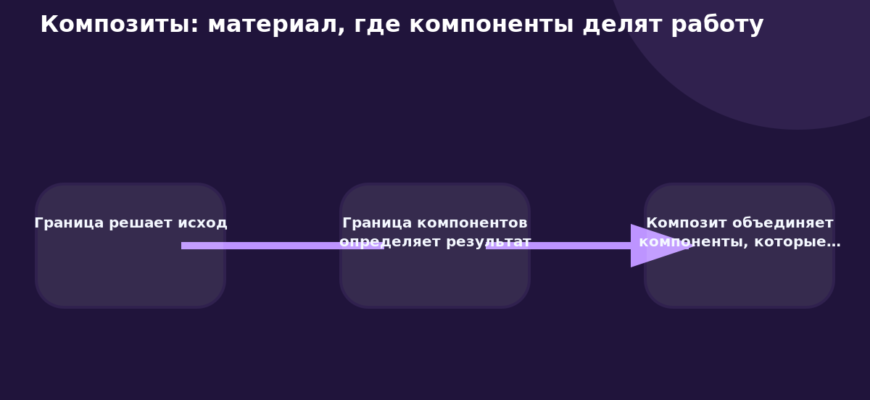 Схема к статье «Композиты: материал, где компоненты делят работу»: Граница решает исход, Граница компонентов определяет результат, Композит объединяет компоненты, которые…