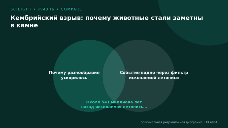 Схема к статье «Кембрийский взрыв: почему животные стали заметны в камне»: Почему разнообразие ускорилось, Событие видно через фильтр ископаемой летописи, Около 541 миллиона лет назад ископаемая летопись…