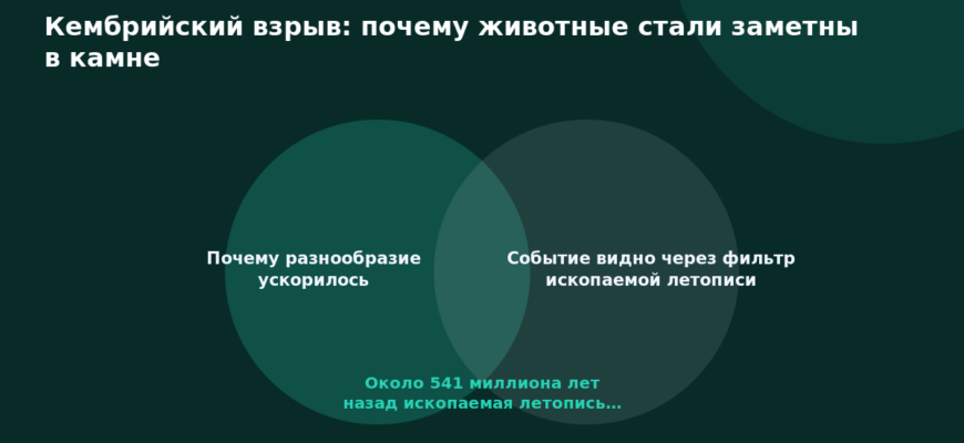 Схема к статье «Кембрийский взрыв: почему животные стали заметны в камне»: Почему разнообразие ускорилось, Событие видно через фильтр ископаемой летописи, Около 541 миллиона лет назад ископаемая летопись…