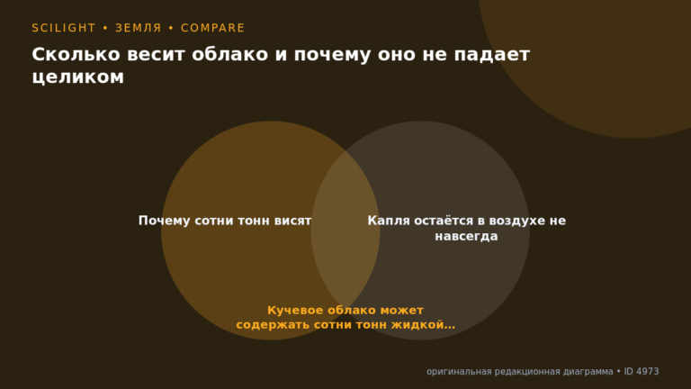Схема к статье «Сколько весит облако и почему оно не падает целиком»: Почему сотни тонн висят, Капля остаётся в воздухе не навсегда, Кучевое облако может содержать сотни тонн жидкой…