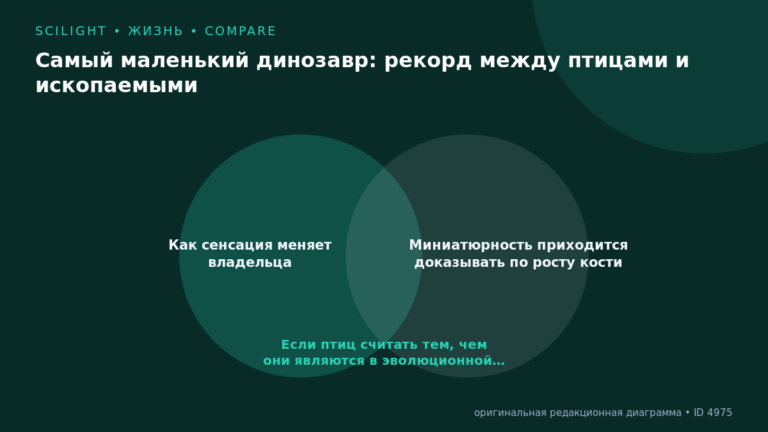 Схема к статье «Самый маленький динозавр: рекорд между птицами и ископаемыми»: Как сенсация меняет владельца, Миниатюрность приходится доказывать по росту кости, Если птиц считать тем, чем они являются в эволюционной…