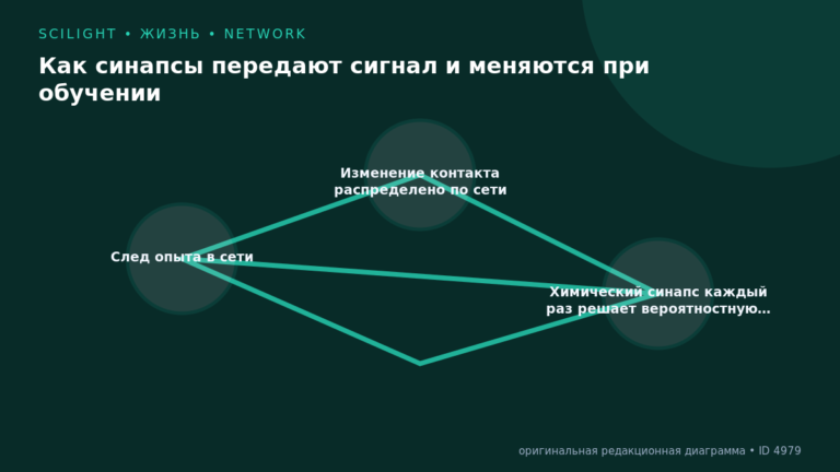 Схема к статье «Как синапсы передают сигнал и меняются при обучении»: След опыта в сети, Изменение контакта распределено по сети, Химический синапс каждый раз решает вероятностную…