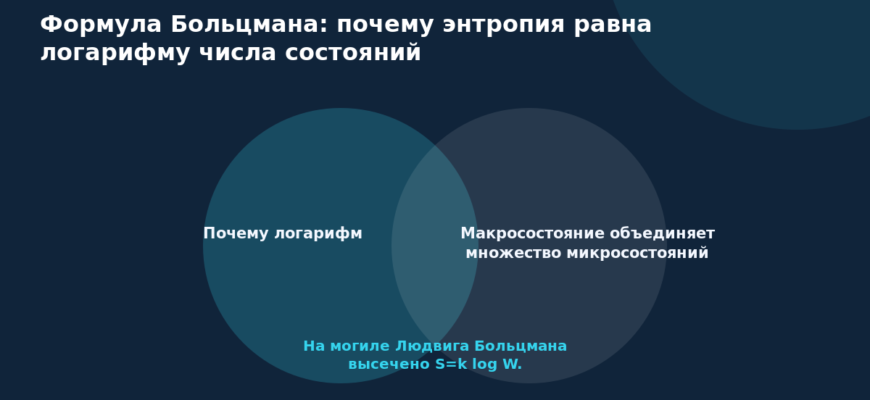 Схема к статье «Формула Больцмана: почему энтропия равна логарифму числа состояний»: Почему логарифм, Макросостояние объединяет множество микросостояний, На могиле Людвига Больцмана высечено S=k log W.