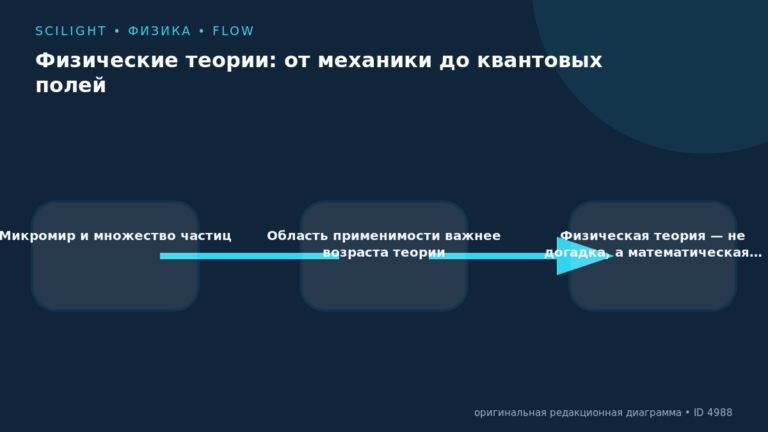 Схема к статье «Физические теории: от механики до квантовых полей»: Микромир и множество частиц, Область применимости важнее возраста теории, Физическая теория — не догадка, а математическая…