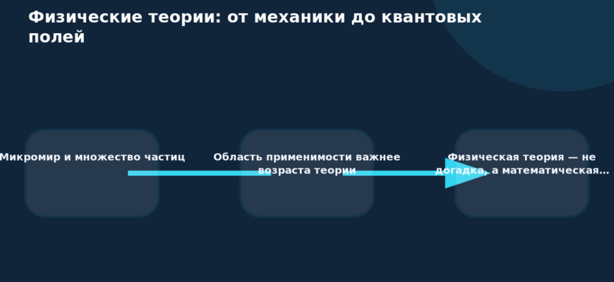 Схема к статье «Физические теории: от механики до квантовых полей»: Микромир и множество частиц, Область применимости важнее возраста теории, Физическая теория — не догадка, а математическая…