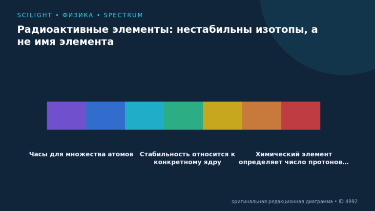 Схема к статье «Радиоактивные элементы: нестабильны изотопы, а не имя элемента»: Часы для множества атомов, Стабильность относится к конкретному ядру, Химический элемент определяет число протонов…
