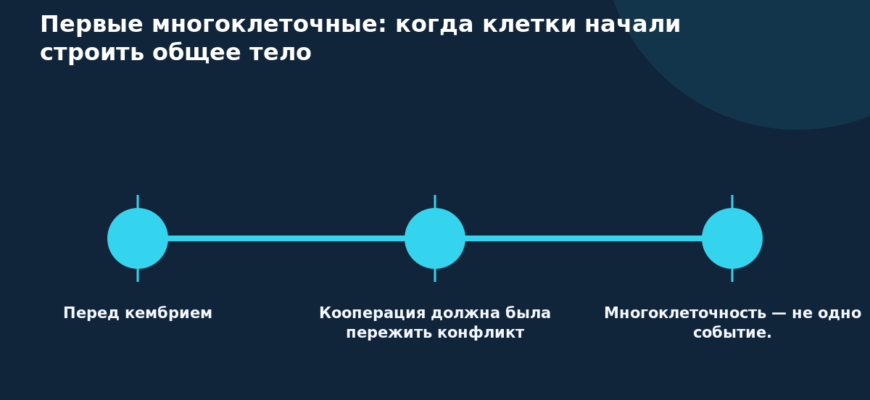 Схема к статье «Первые многоклеточные: когда клетки начали строить общее тело»: Перед кембрием, Кооперация должна была пережить конфликт, Многоклеточность — не одно событие.