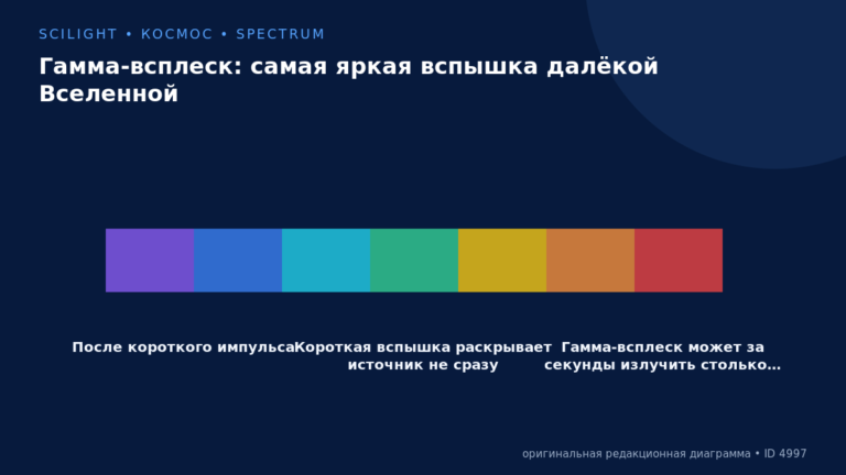 Схема к статье «Гамма-всплеск: самая яркая вспышка далёкой Вселенной»: После короткого импульса, Короткая вспышка раскрывает источник не сразу, Гамма-всплеск может за секунды излучить столько…
