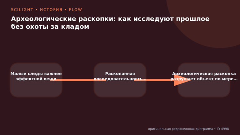 Схема к статье «Археологические раскопки: как исследуют прошлое без охоты за кладом»: Малые следы важнее эффектной вещи, Раскопанная последовательность…, Археологическая раскопка разрушает объект по мере…