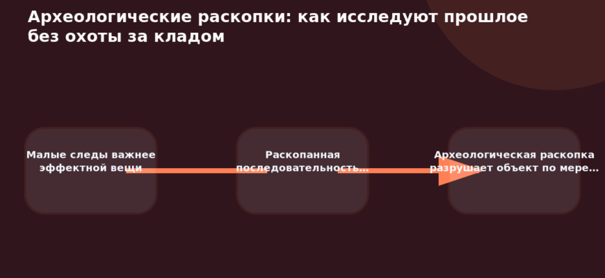 Схема к статье «Археологические раскопки: как исследуют прошлое без охоты за кладом»: Малые следы важнее эффектной вещи, Раскопанная последовательность…, Археологическая раскопка разрушает объект по мере…