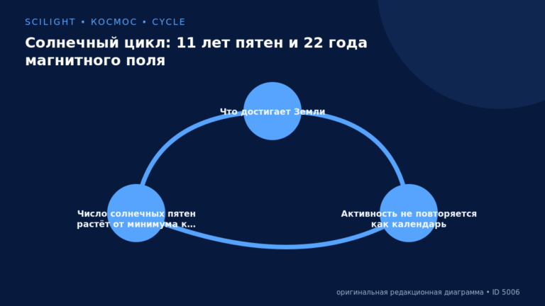 Схема к статье «Солнечный цикл: 11 лет пятен и 22 года магнитного поля»: Что достигает Земли, Активность не повторяется как календарь, Число солнечных пятен растёт от минимума к…