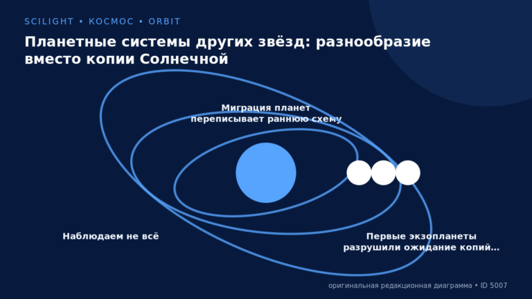 Схема к статье «Планетные системы других звёзд: разнообразие вместо копии Солнечной»: Наблюдаем не всё, Миграция планет переписывает раннюю схему, Первые экзопланеты разрушили ожидание копий…