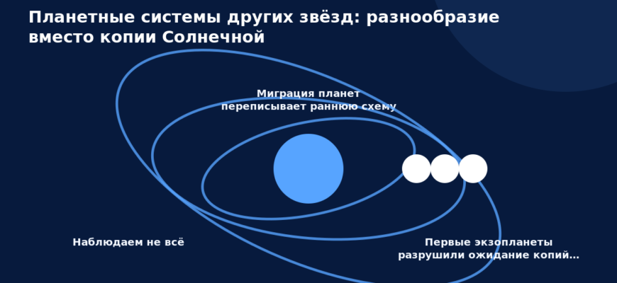 Схема к статье «Планетные системы других звёзд: разнообразие вместо копии Солнечной»: Наблюдаем не всё, Миграция планет переписывает раннюю схему, Первые экзопланеты разрушили ожидание копий…