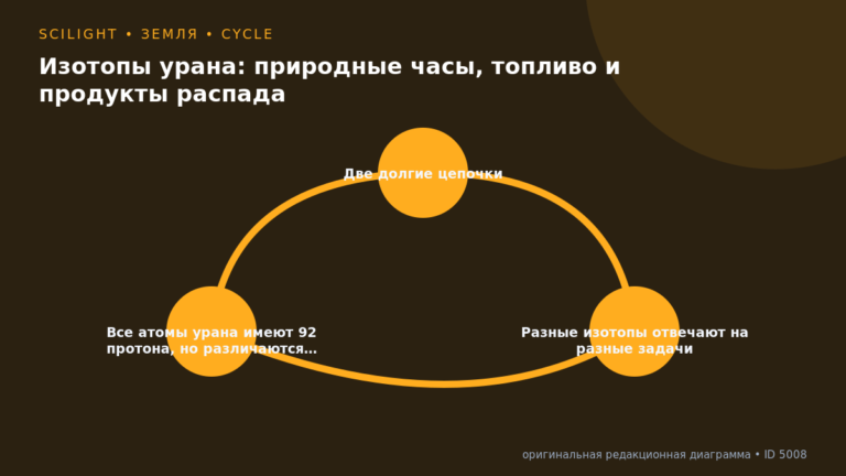 Схема к статье «Изотопы урана: природные часы, топливо и продукты распада»: Две долгие цепочки, Разные изотопы отвечают на разные задачи, Все атомы урана имеют 92 протона, но различаются…