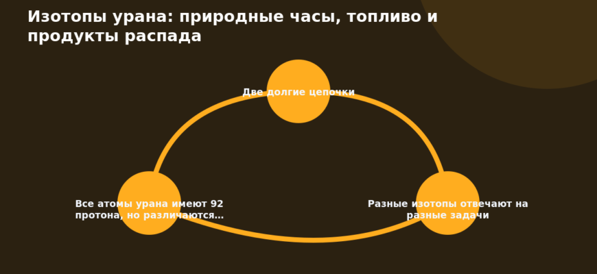 Схема к статье «Изотопы урана: природные часы, топливо и продукты распада»: Две долгие цепочки, Разные изотопы отвечают на разные задачи, Все атомы урана имеют 92 протона, но различаются…