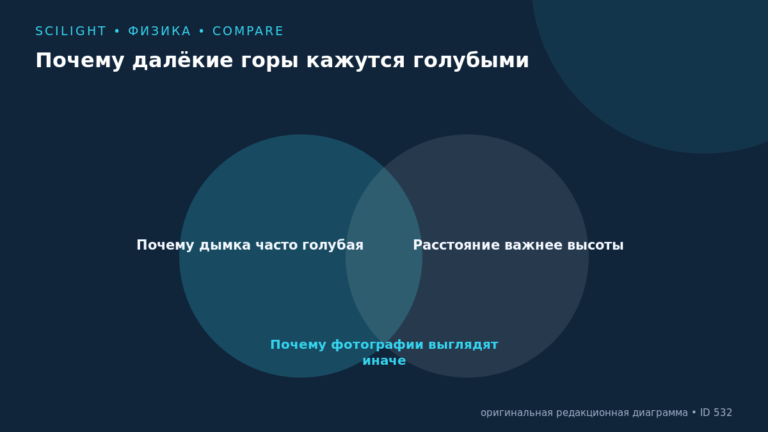Схема к статье «Почему далёкие горы кажутся голубыми»: Почему дымка часто голубая, Расстояние важнее высоты, Почему фотографии выглядят иначе