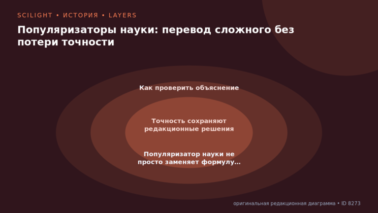 Схема к статье «Популяризаторы науки: перевод сложного без потери точности»: Как проверить объяснение, Точность сохраняют редакционные решения, Популяризатор науки не просто заменяет формулу…
