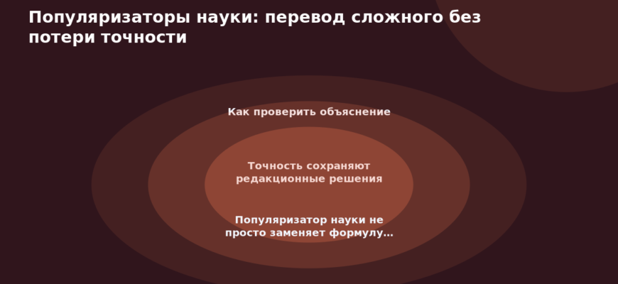 Схема к статье «Популяризаторы науки: перевод сложного без потери точности»: Как проверить объяснение, Точность сохраняют редакционные решения, Популяризатор науки не просто заменяет формулу…