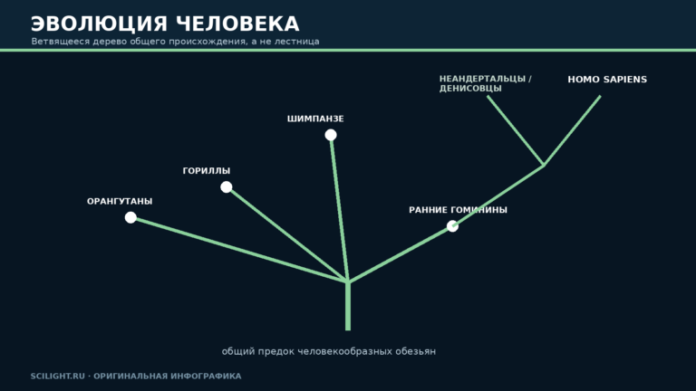 Ветвящееся дерево эволюции человека с общим предком человекообразных обезьян и несколькими линиями Homo