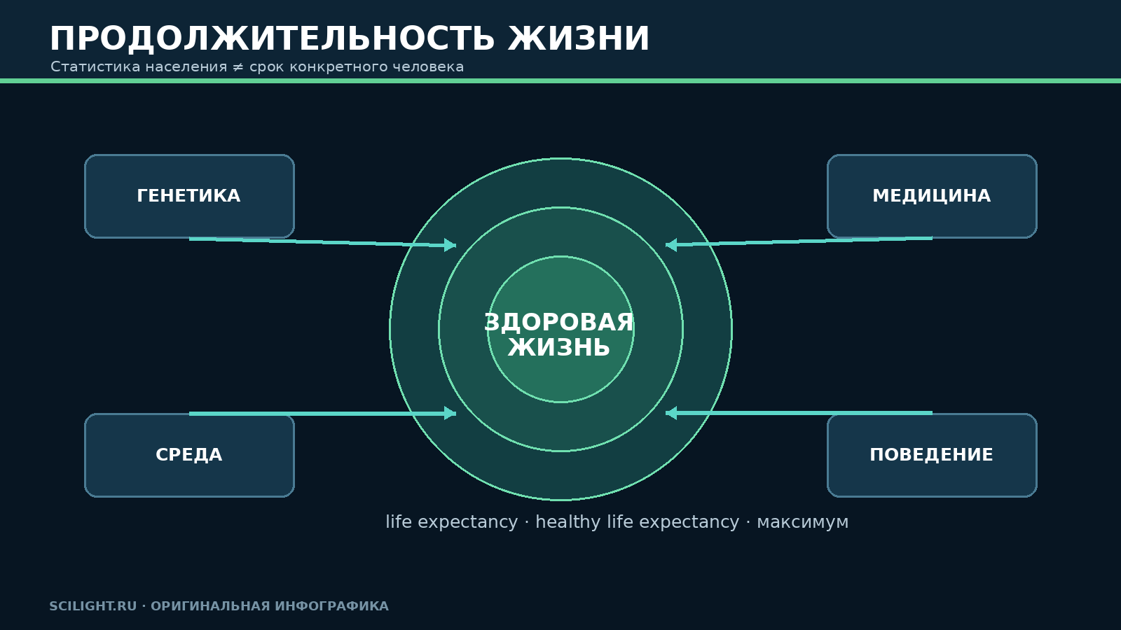 Схема факторов, влияющих на продолжительность и качество жизни человека
