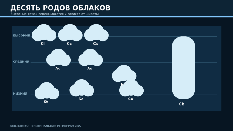 Десять родов облаков по высотным ярусам согласно Международному атласу облаков WMO