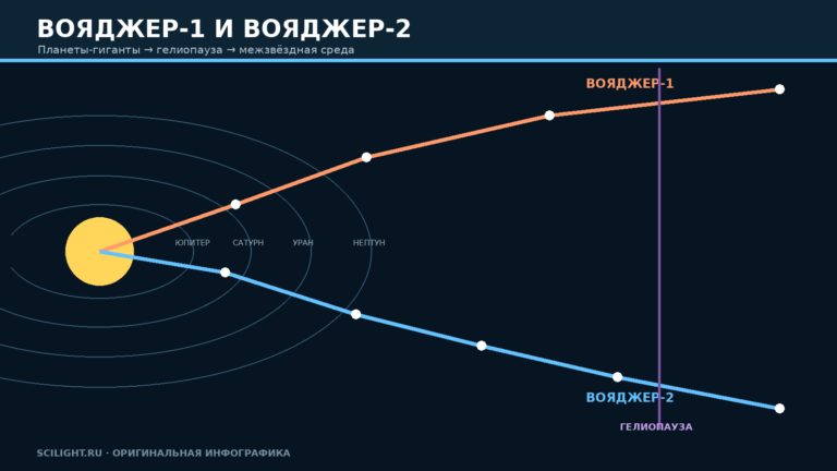 Маршруты Вояджера-1 и Вояджера-2 через планеты-гиганты к межзвёздному пространству