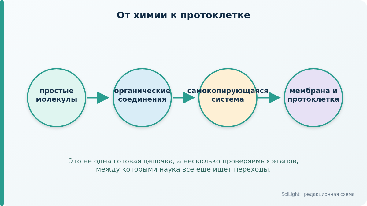 Последовательность от простых молекул через органические соединения и самокопирование к мембране протоклетки