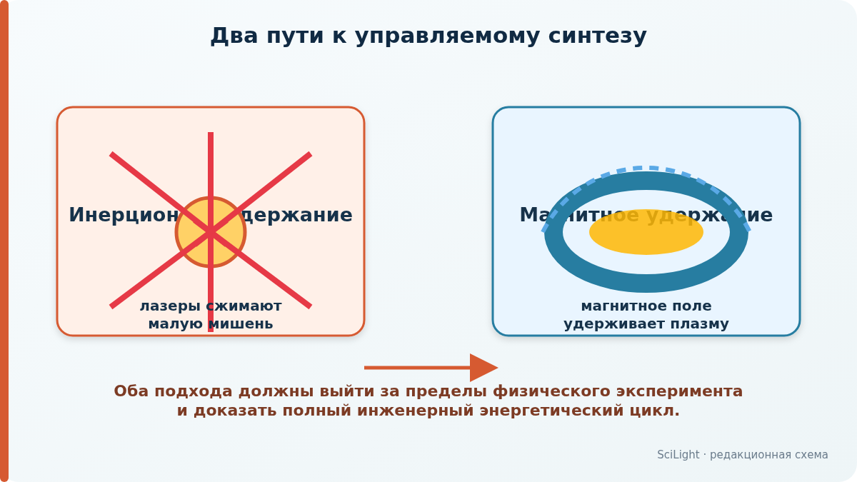 Лазерное сжатие мишени и магнитное удержание плазмы как два разных подхода к управляемому синтезу